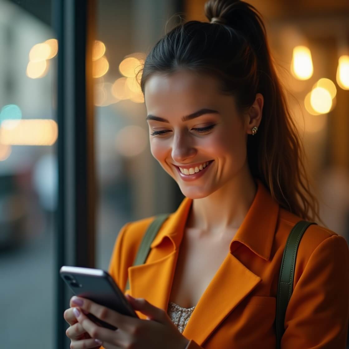 Imagem digital de mulher feliz a olhar sorridente para um telefone móvel.