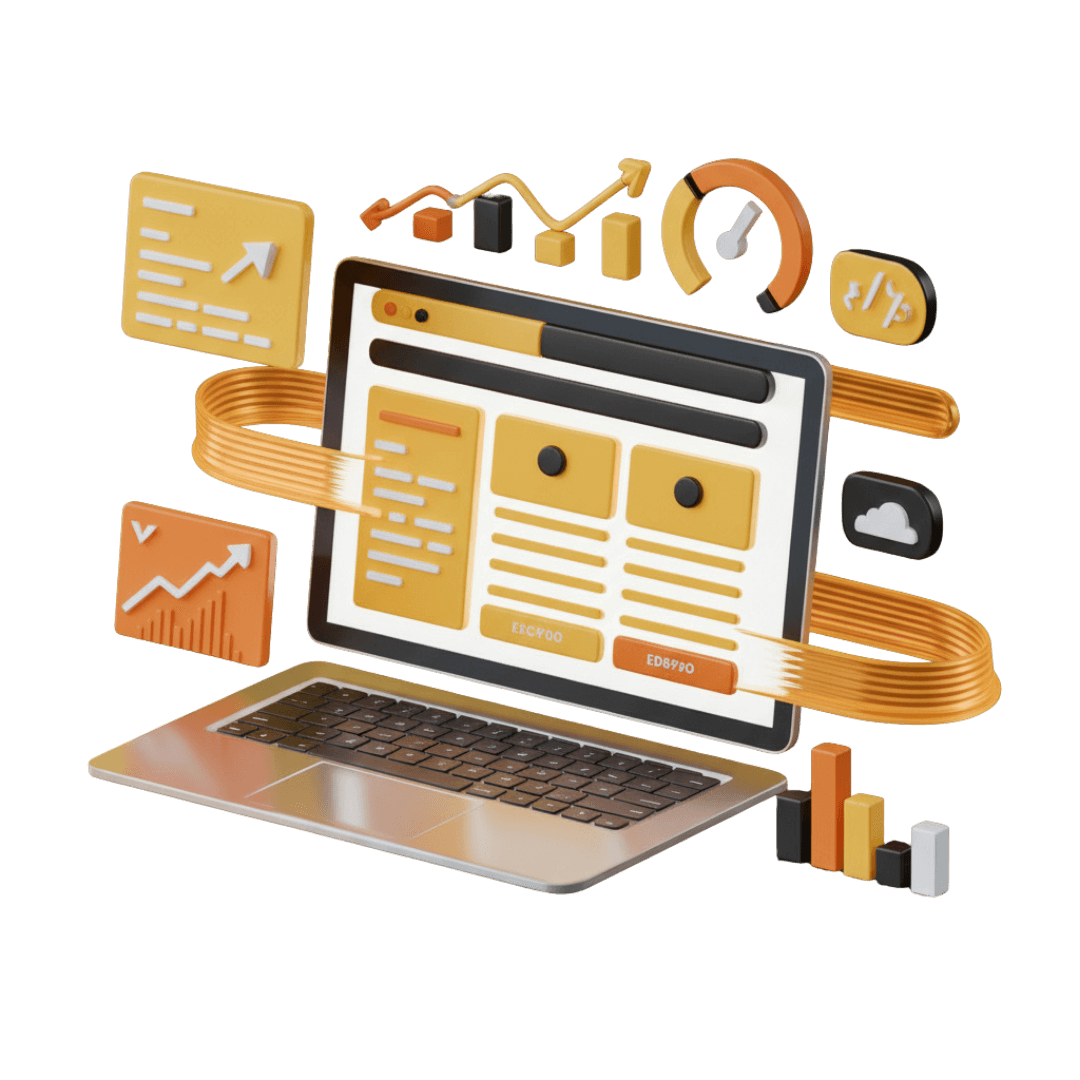 Imagem digital de um computador portátil apresentando uma página inicial de um site com elementos explosivos a sair do ecrã representando a criação de sites pela Kaksi Media.