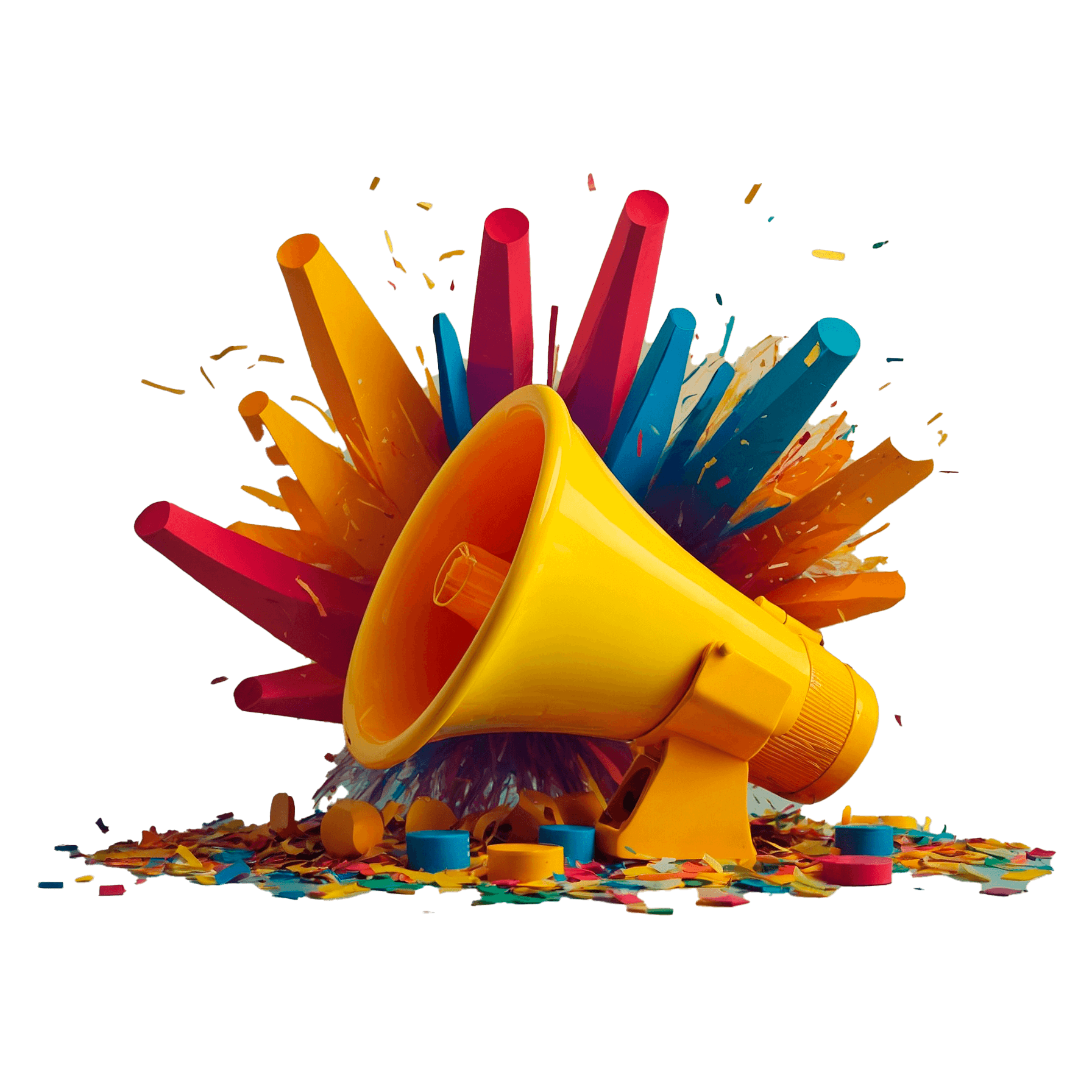 Um megafone amarelo com confetis coloridos no chão, simbolizando que a Kaksi Media cria campanhas otimizadas para maximizar resultados.