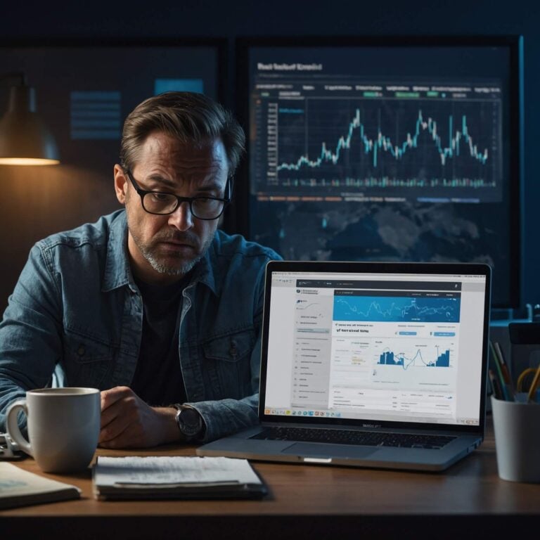 Profissional analisa métricas e dados de tráfego digital em computador portátil, com gráficos de desempenho em segundo plano.