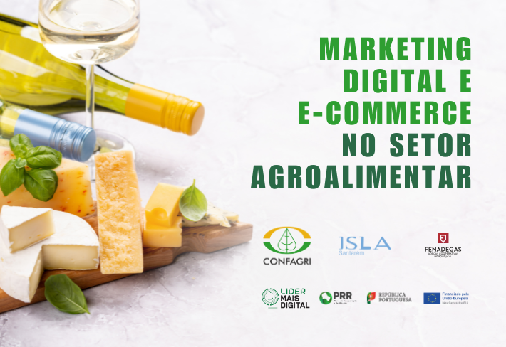 Imagem promocional da formação em Marketing Digital e E-commerce no Setor Agroalimentar, organizada pela Kaksi Media em parceria com CONFAGRI, ISLA Santarém, FENADEGAS e programa Líder Mais Digital.