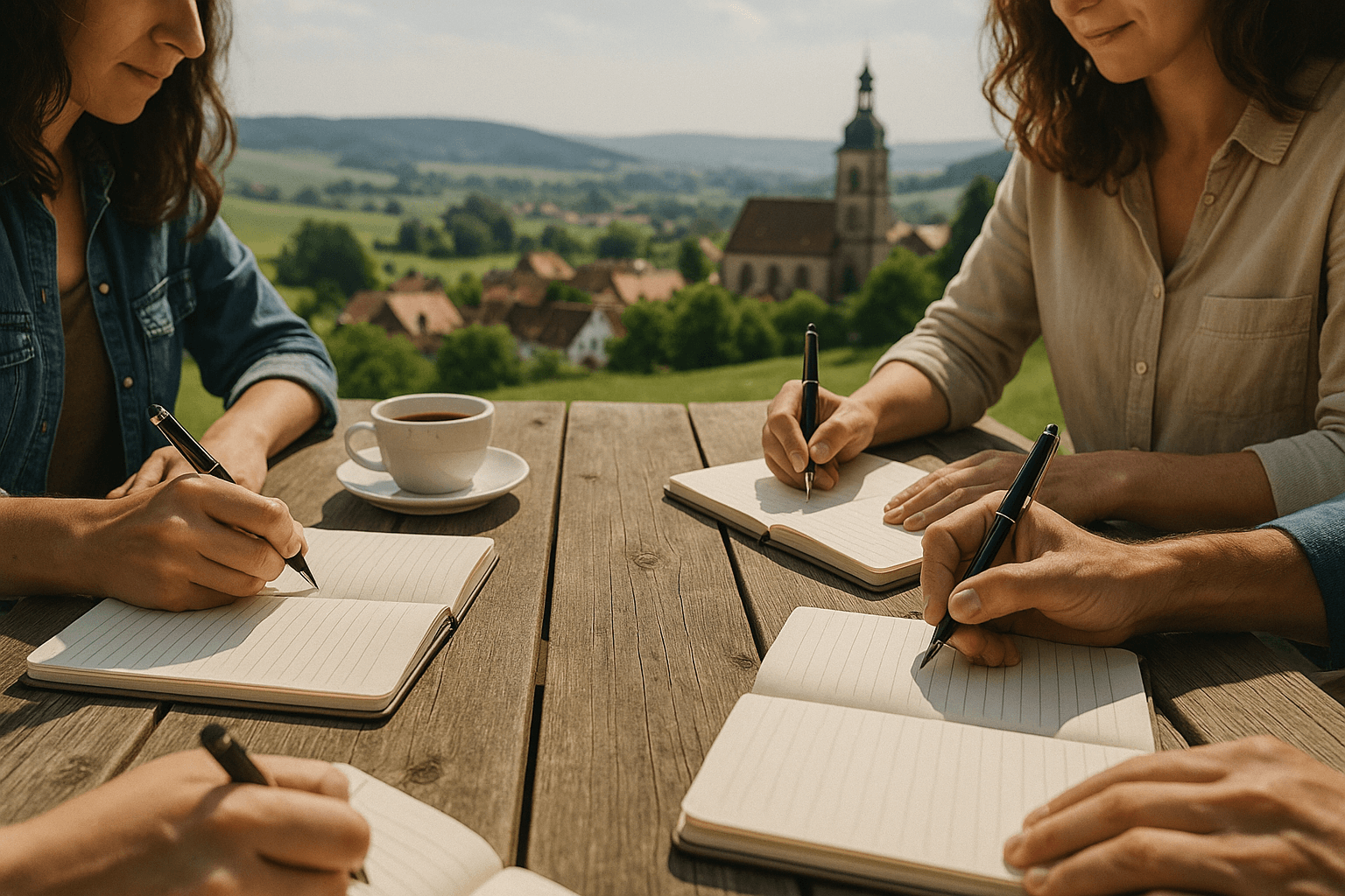 Participantes do workshop 'Copywriting on the Road' da Kaksi Media, a escrever em cadernos ao ar livre durante viagem formativa na Alemanha.