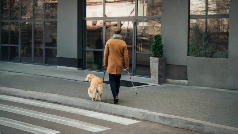 Homem cego com bengala e cão guia atravessou uma rua e vai entrar em edifício com porta de vidro