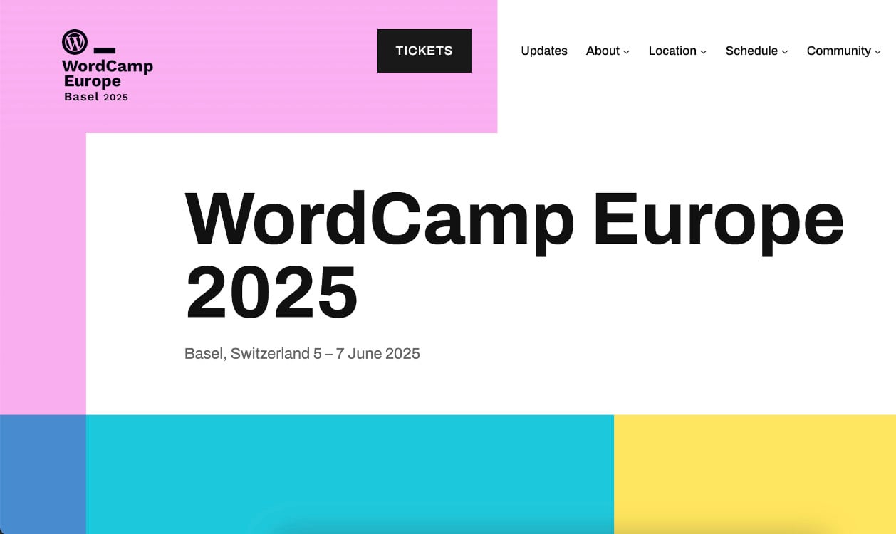 Banner oficial do WordCamp Europe 2025, a realizar-se em Basileia, Suíça, de 5 a 7 de junho de 2025.