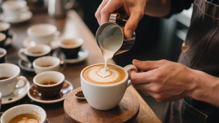 Empregado de café a preparar um café personalizado artesanal, como metáfora visual para comunicação hiperpersonalizada digital.