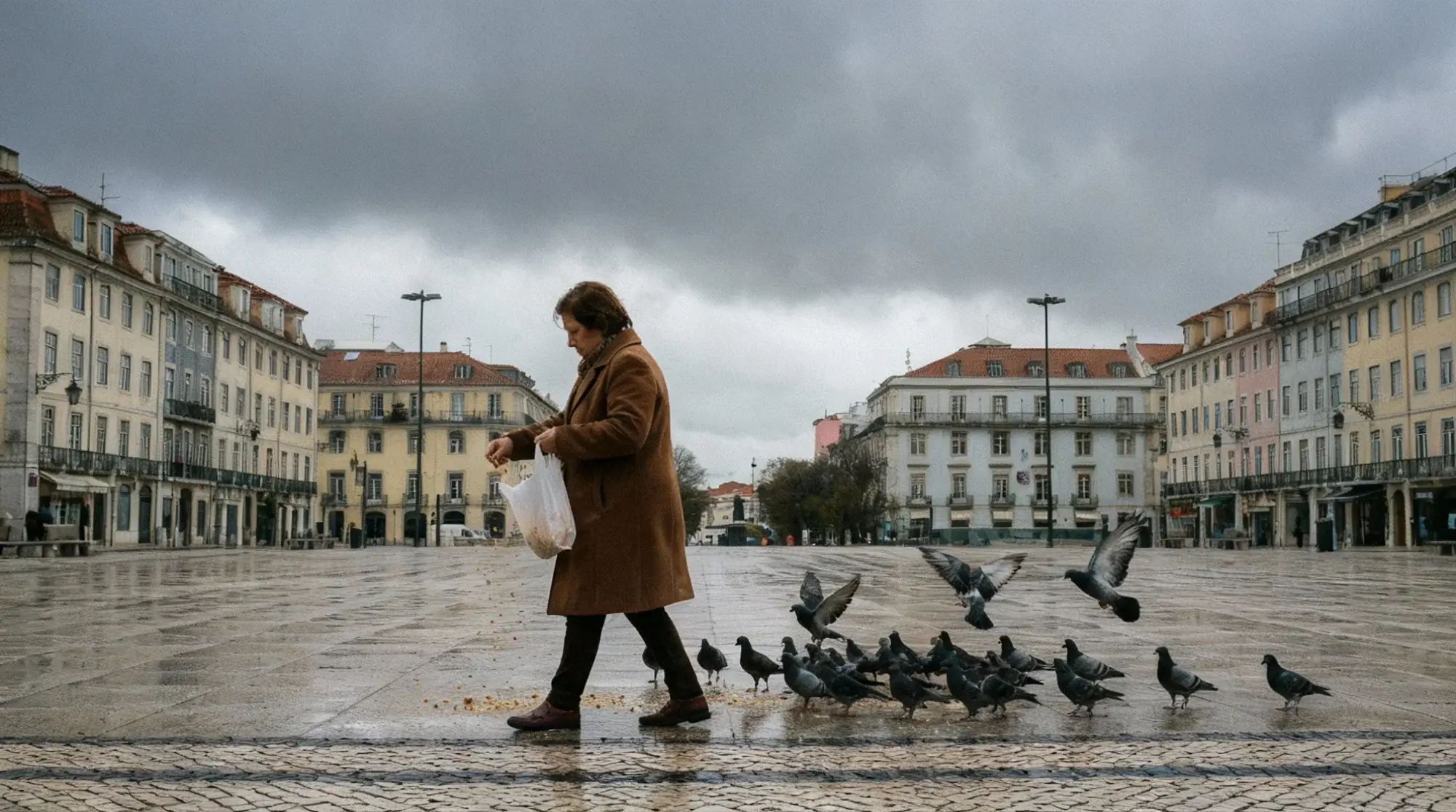 Mulher a deixar cair migalhas de pão no chão de uma praça, sendo seguida por pombos. Imagem criada digitalmente.
