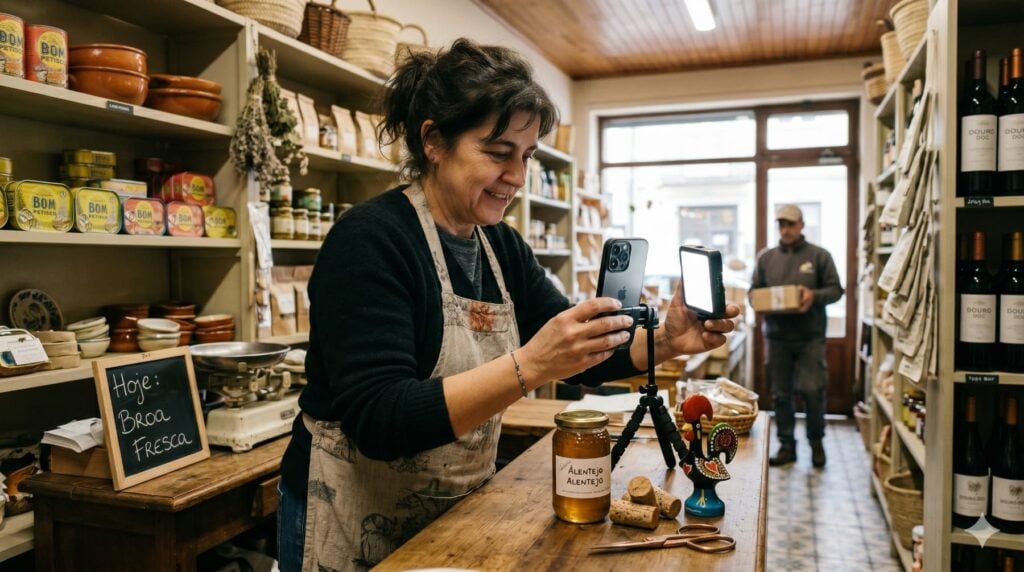 Pequeno comerciante a criar conteúdos para redes sociais dentro da sua loja